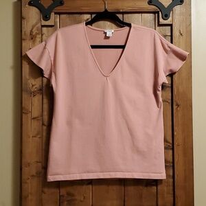 J Crew Factory Pink Flutter Sleeve V Neck Tee Shirt Size Medium